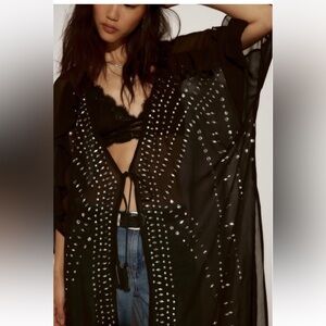 Free People So Billie Studded Tie Closure Long Black Duster OSFM